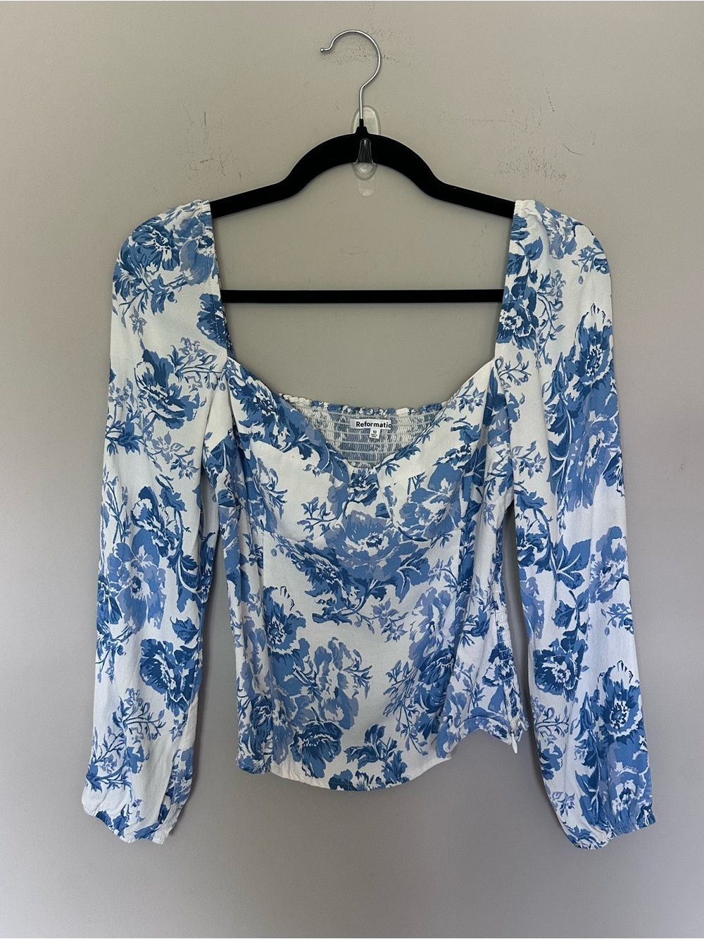 Reformation White and Blue Floral Square-Neck Long Sleeve Top